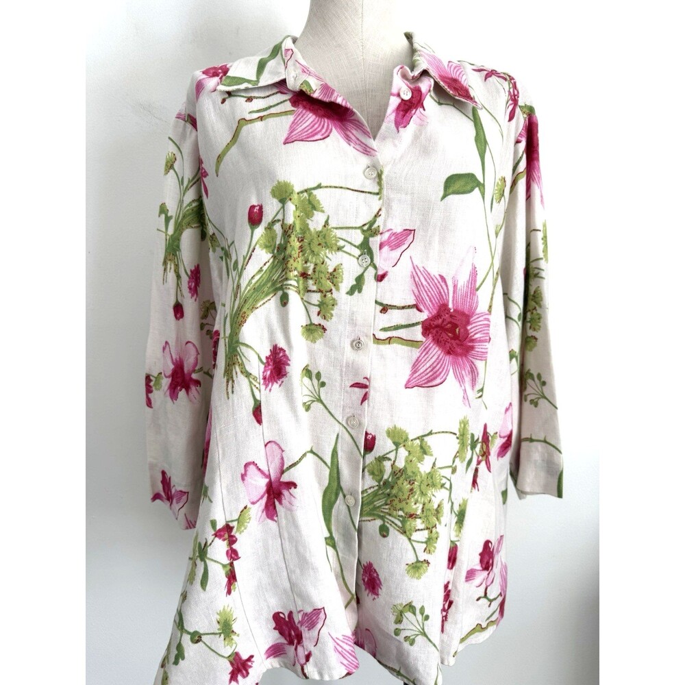 Cali Cali Floral Jacket Shirt 100% Linen Pink Orchid 3/4 Sleeves Womens Size 2X